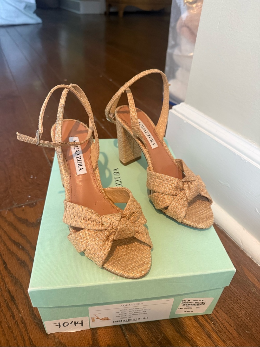 Aquazzura Natural Woven Knot Block-Heel Slingbacks